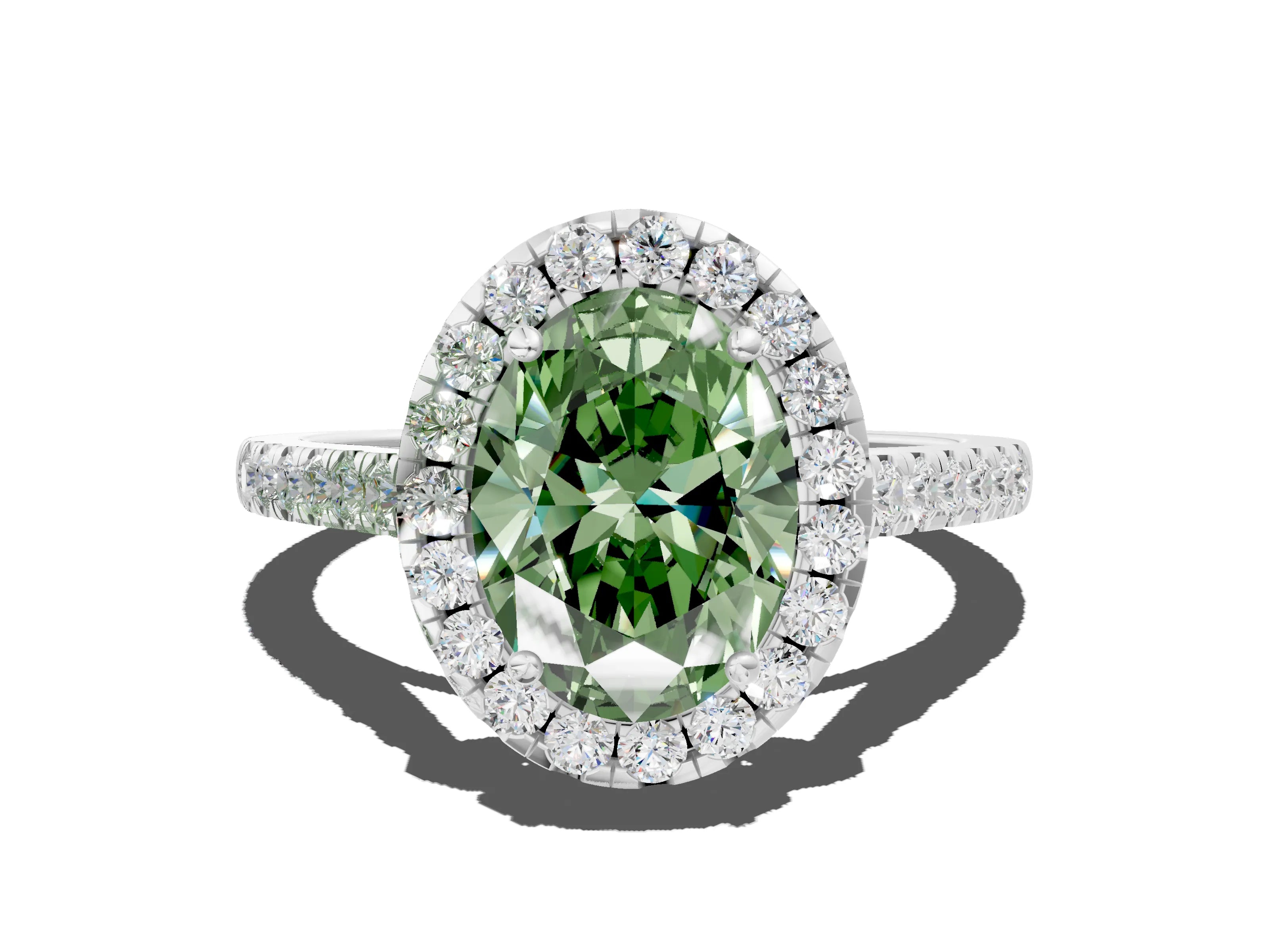 White gold Fancy Green Oval Cut Halo Pave Diamond Engagement Ring with Four-Prong Setting