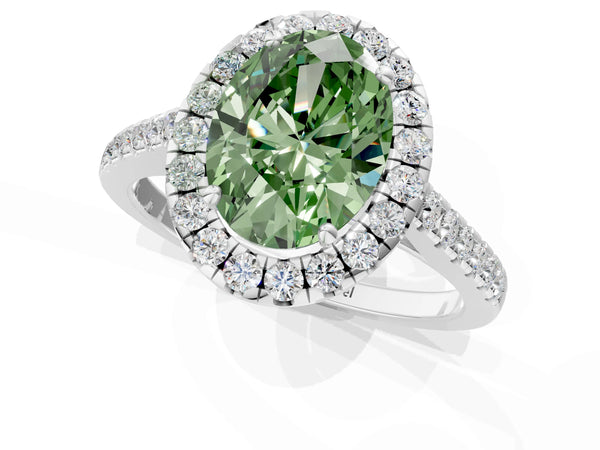 Platinum Fancy Green Oval Cut Halo Pave Diamond Engagement Ring with Four-Prong Setting