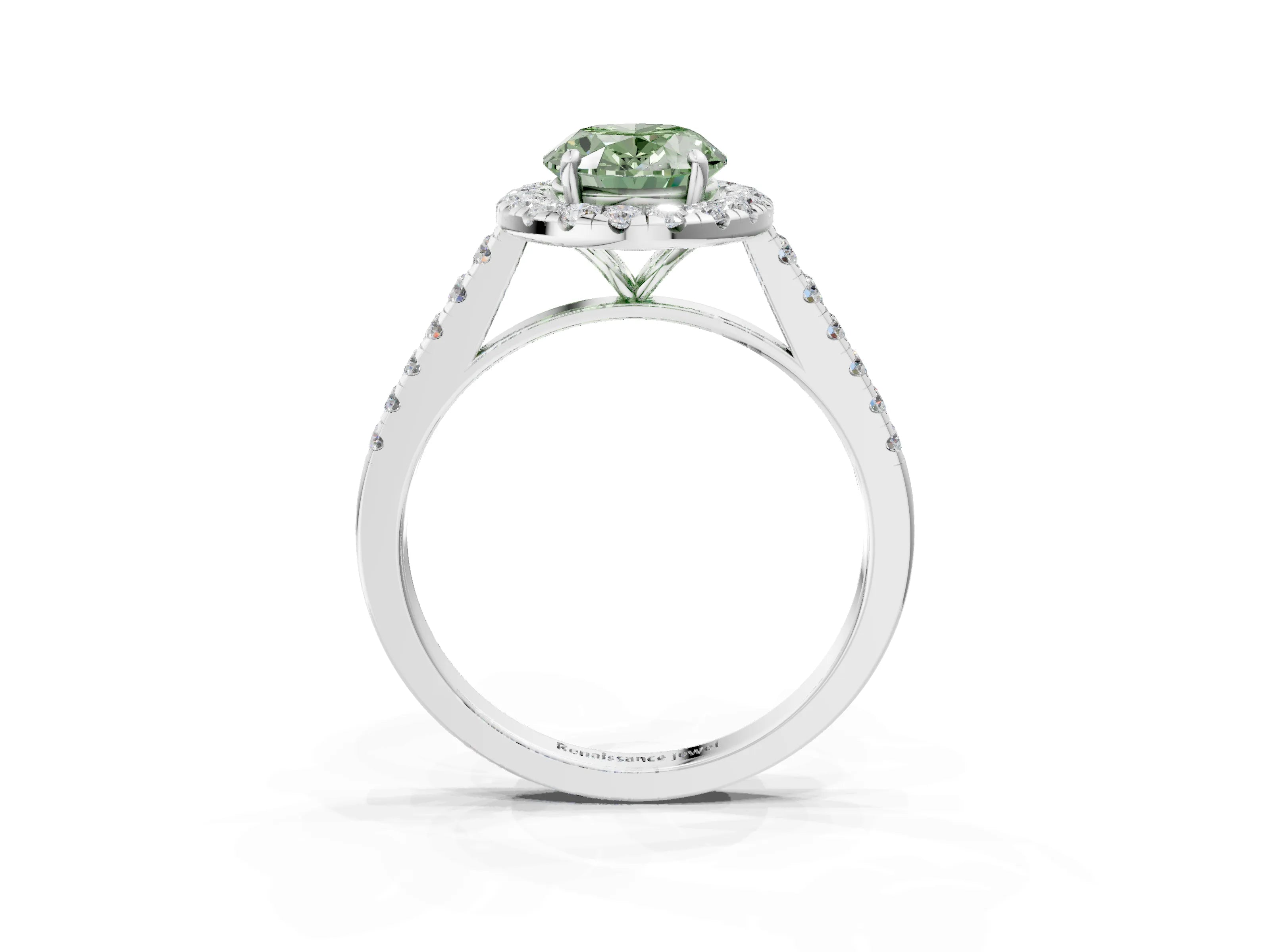 White gold Fancy Green Oval Cut Halo Pave Diamond Engagement Ring with Four-Prong Setting_3