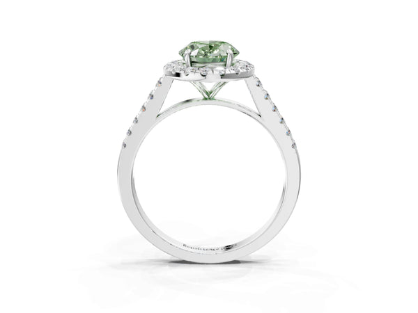 Platinum Fancy Green Oval Cut Halo Pave Diamond Engagement Ring with Four-Prong Setting
