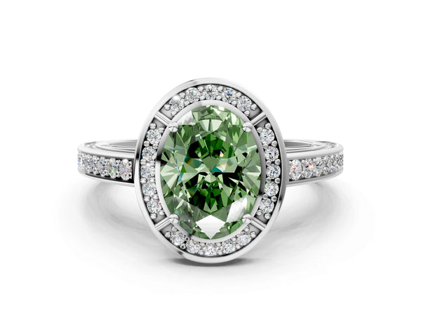 White gold Fancy Green Oval  Cut Halo Pave Split Shank Prong Setting Ring