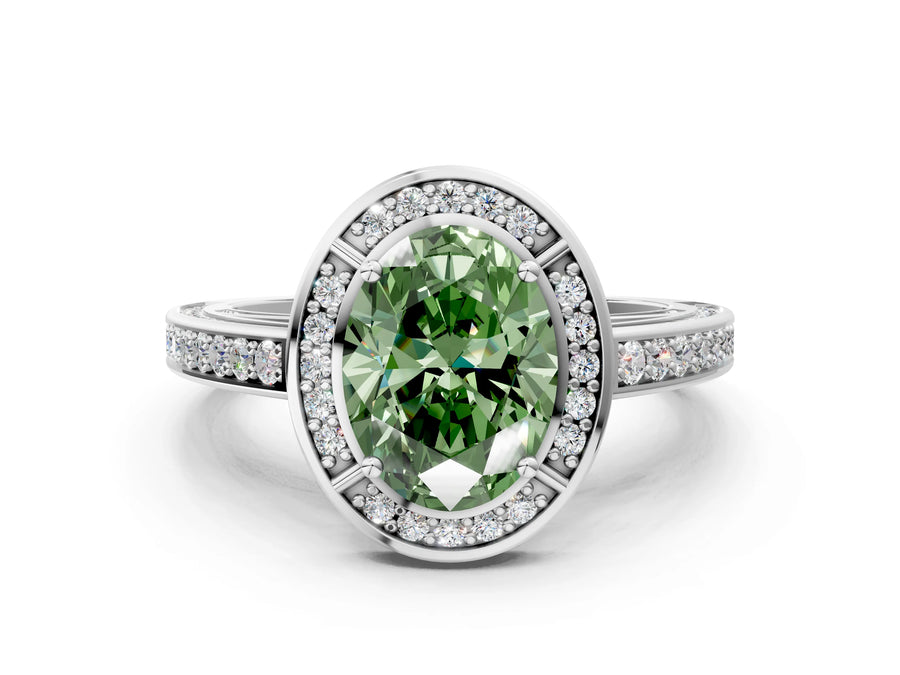 White gold Fancy Green Oval  Cut Halo Pave Split Shank Prong Setting Ring