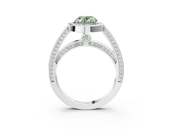 White gold Fancy Green Oval  Cut Halo Pave Split Shank Prong Setting Ring