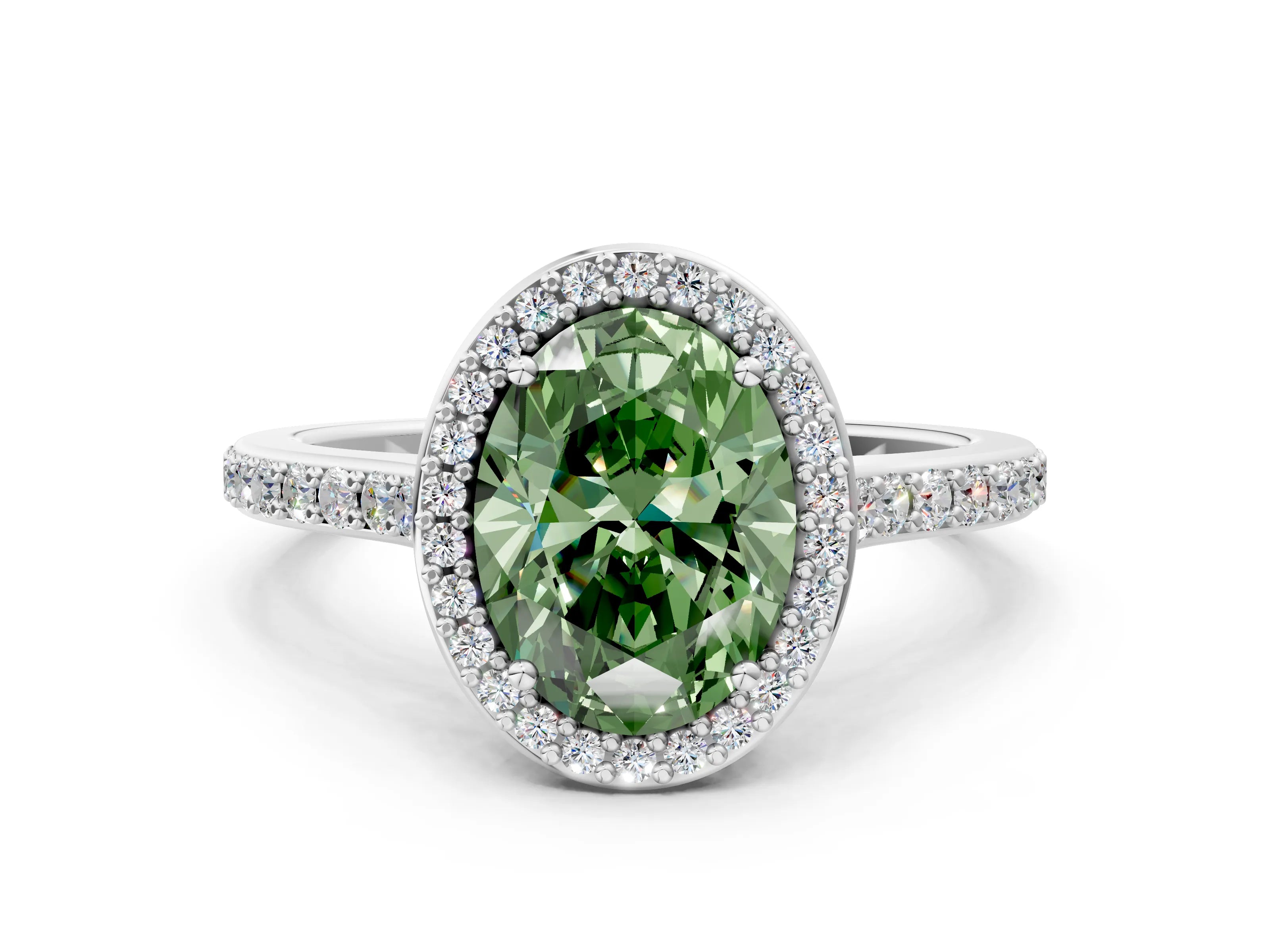 White gold Fancy Green Oval Cut Halo Round Diamond Pavé Band with Four-Prong Setting_15