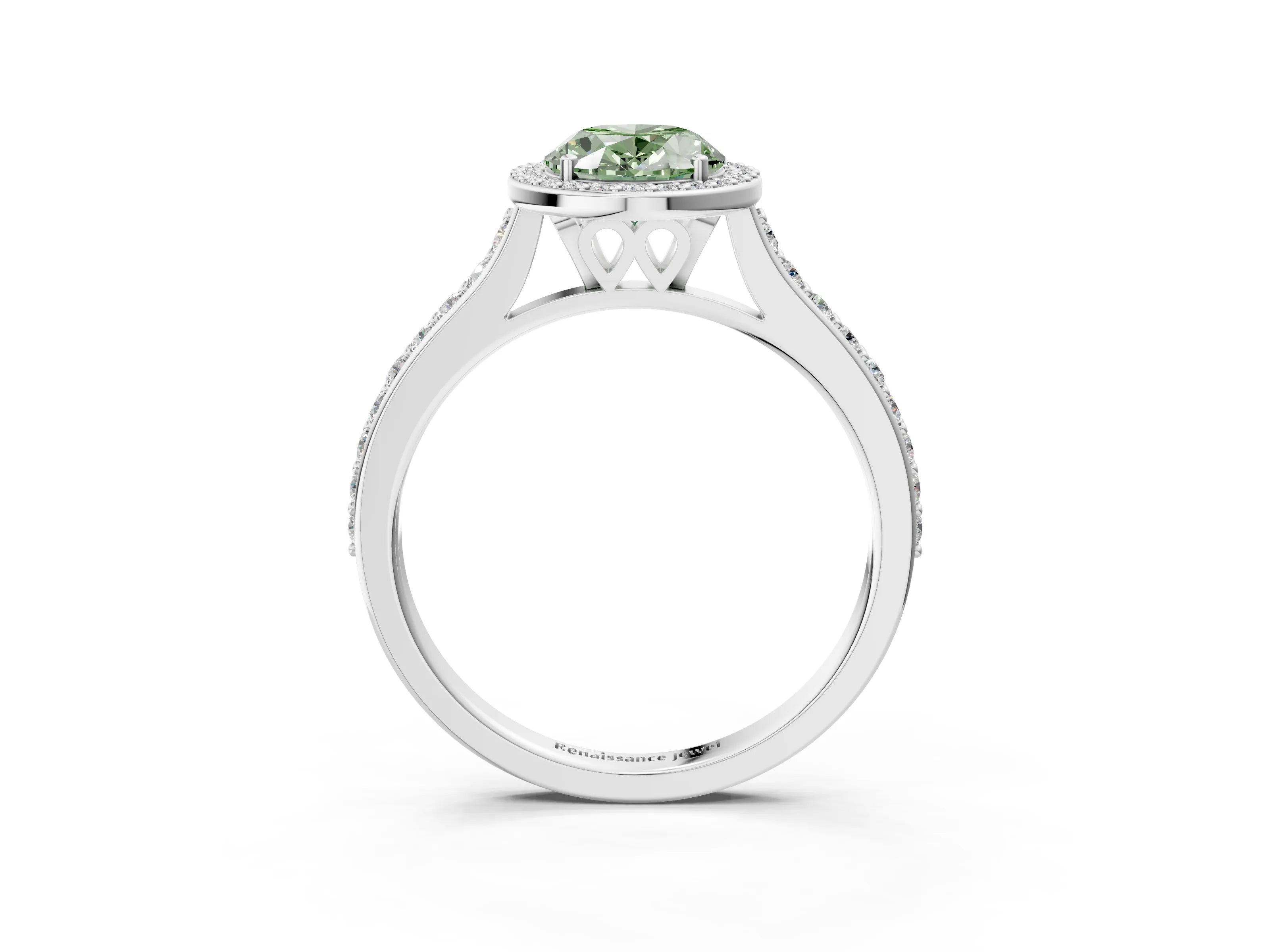 White gold Fancy Green Oval Cut Halo Round Diamond Pavé Band with Four-Prong Setting_18