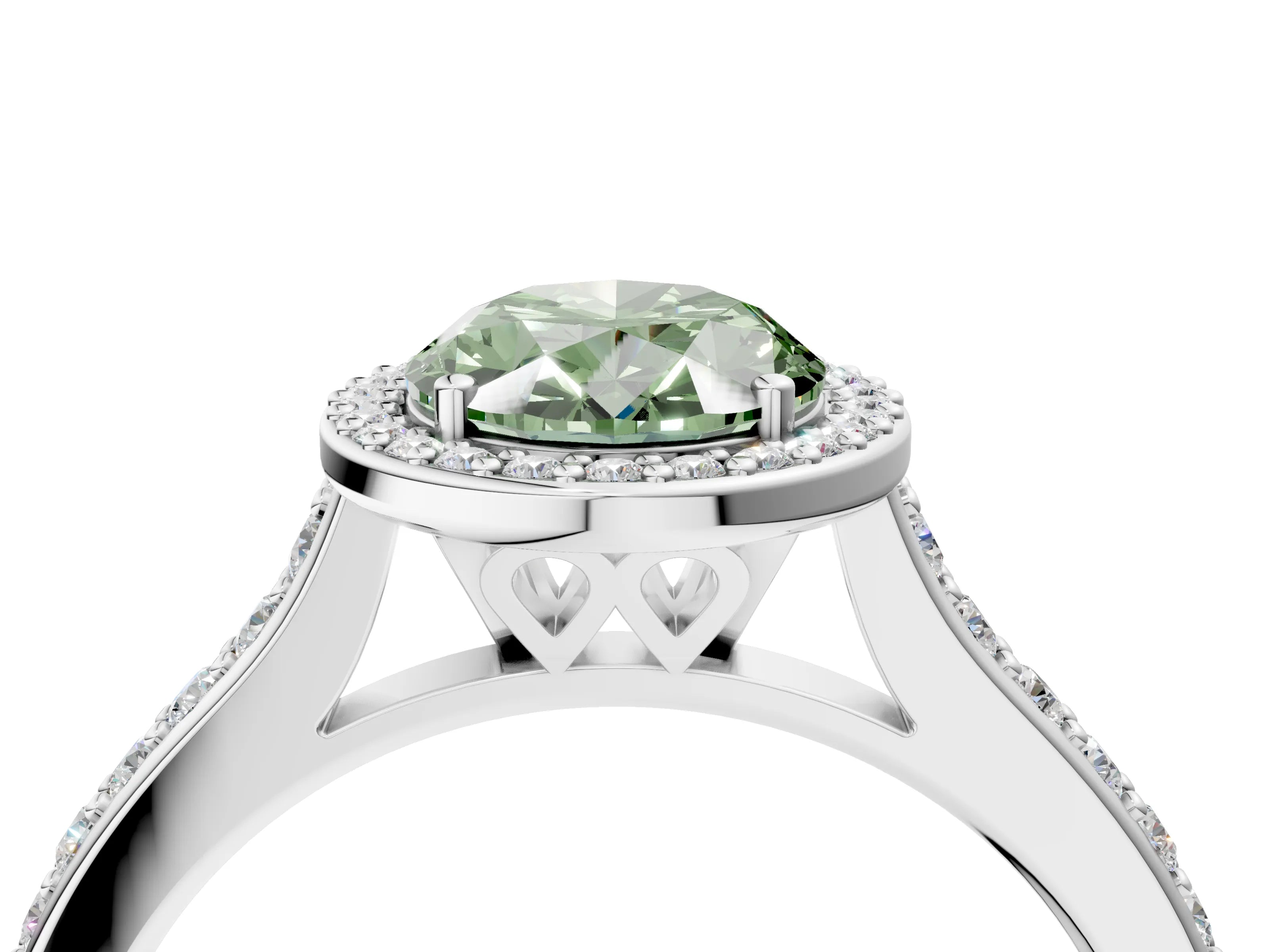 White gold Fancy Green Oval Cut Halo Round Diamond Pavé Band with Four-Prong Setting_19