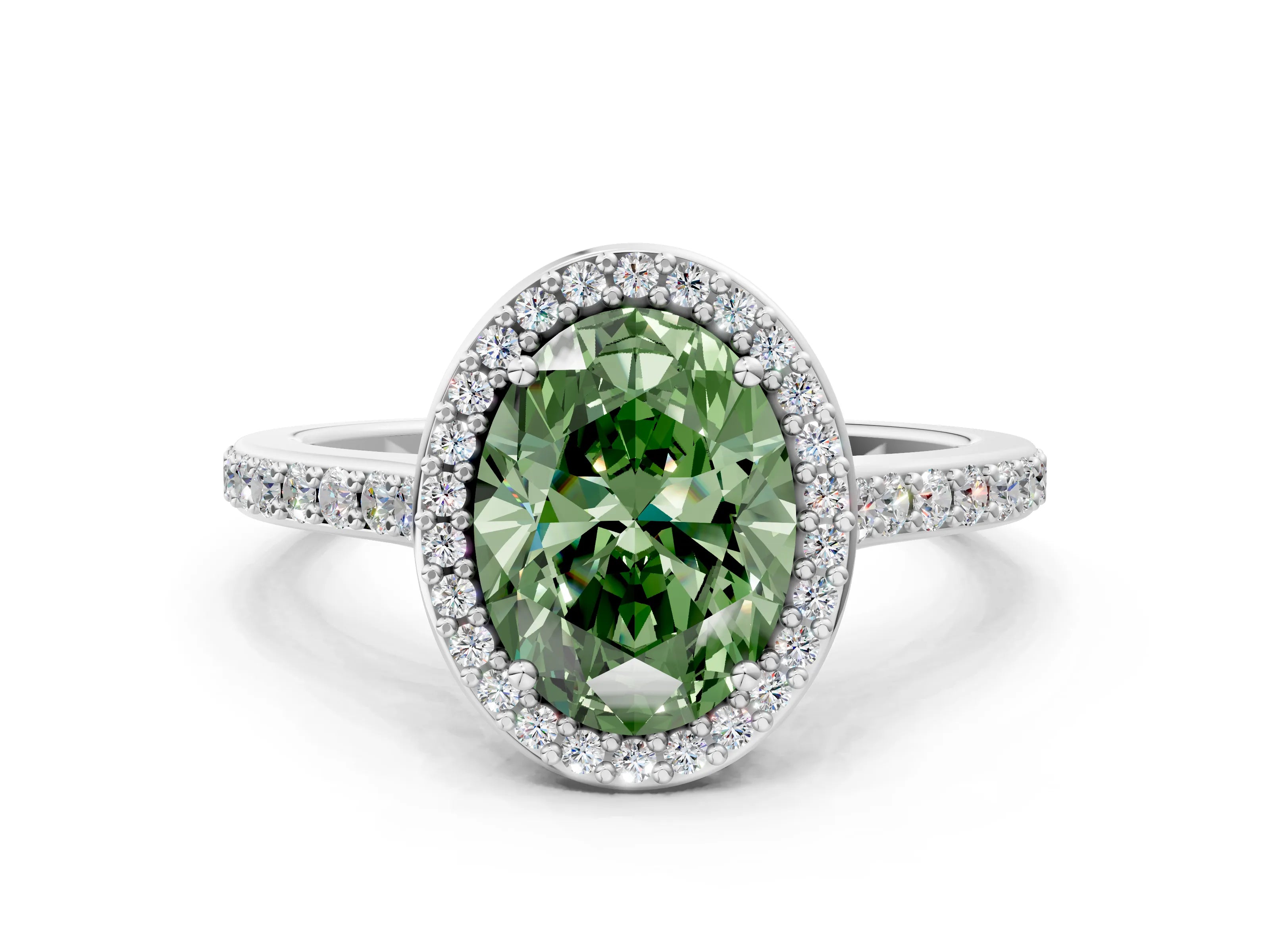 White gold Fancy Green Oval Cut Halo Round Diamond Pavé Band with Four-Prong Setting_21