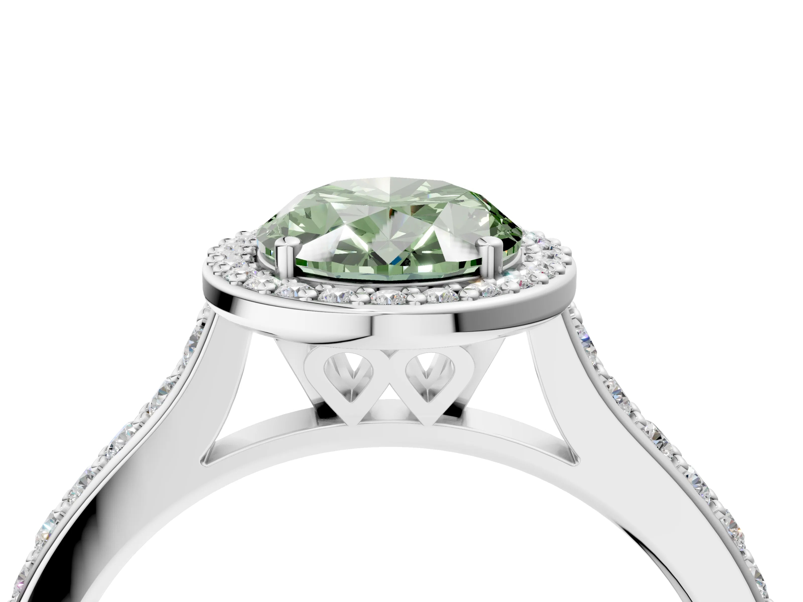 White gold Fancy Green Oval Cut Halo Round Diamond Pavé Band with Four-Prong Setting_25