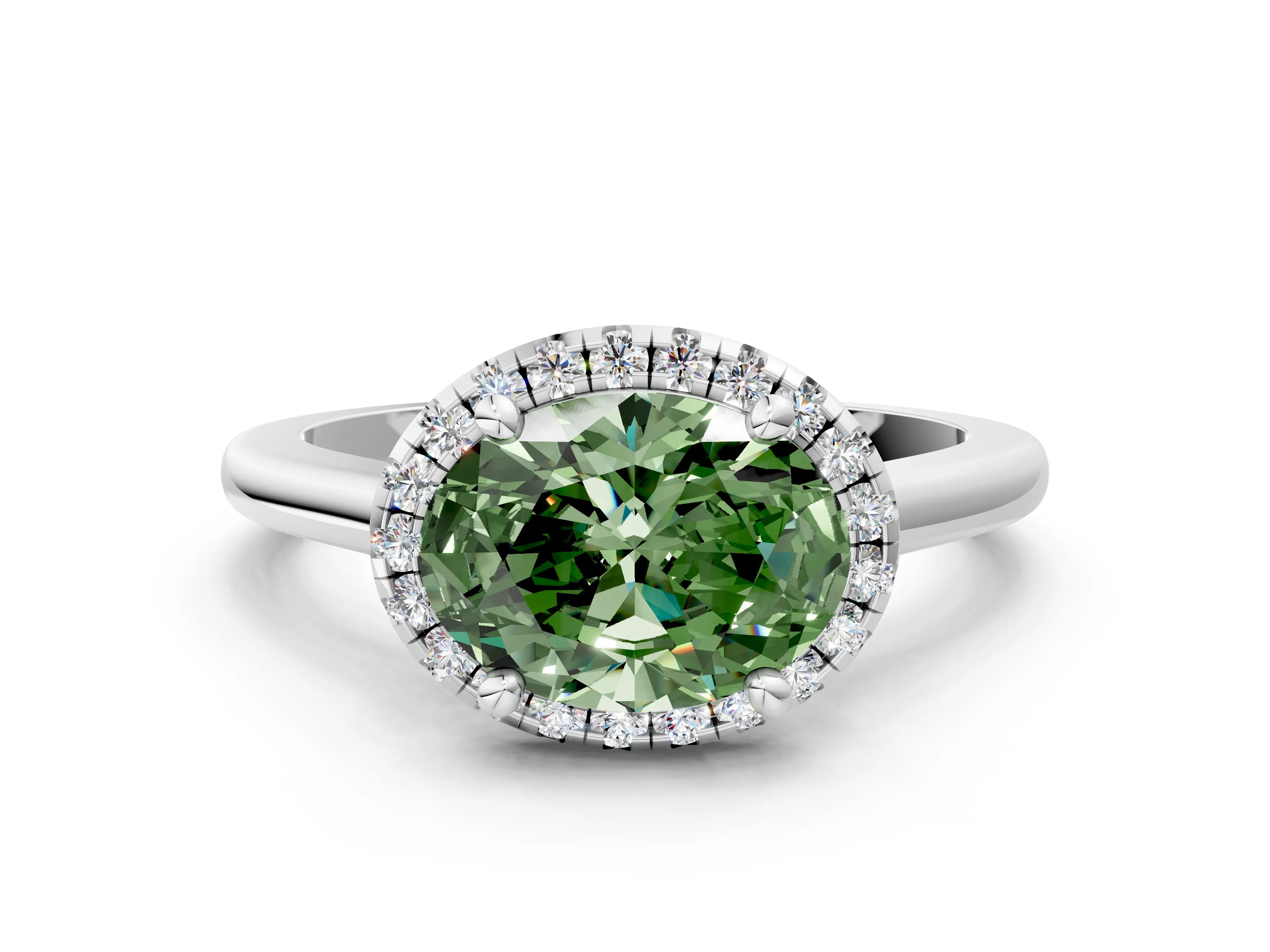 White gold Fancy Green Oval Cut Halo Round Diamond Solitaire Engagement Ring with Pave Band and Four-Prong Setting_24