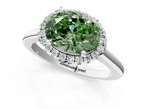 White gold Fancy Green Oval Cut Halo Round Diamond Solitaire Engagement Ring with Pave Band and Four-Prong Setting_25