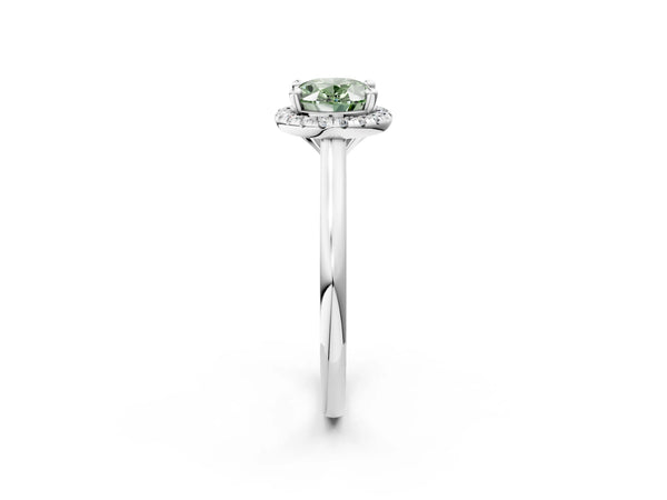 Platinum Fancy Green Oval Cut Halo Round Diamond Solitaire Engagement Ring with Pave Band and Four-Prong Setting