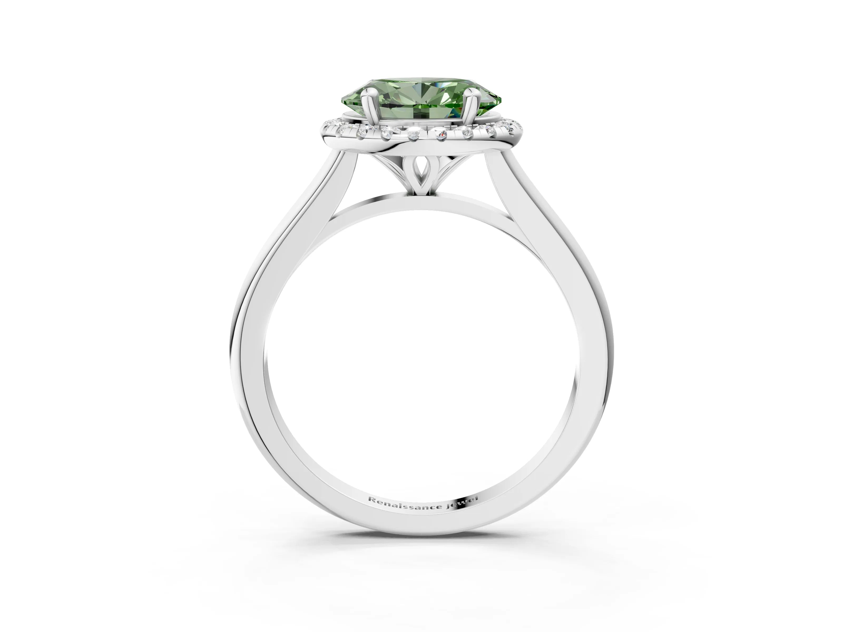 White gold Fancy Green Oval Cut Halo Round Diamond Solitaire Engagement Ring with Pave Band and Four-Prong Setting_27