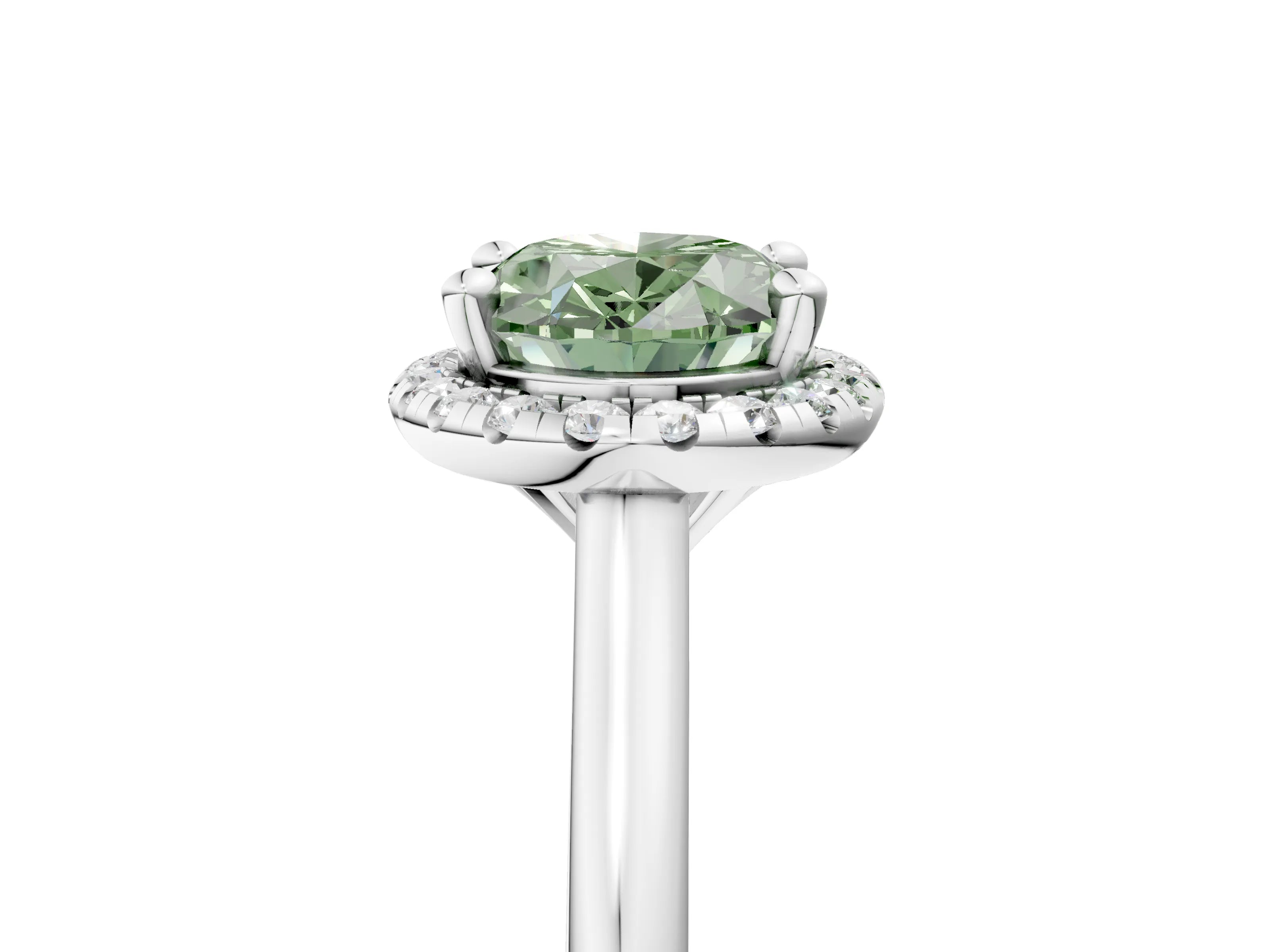 White gold Fancy Green Oval Cut Halo Round Diamond Solitaire Engagement Ring with Pave Band and Four-Prong Setting_29