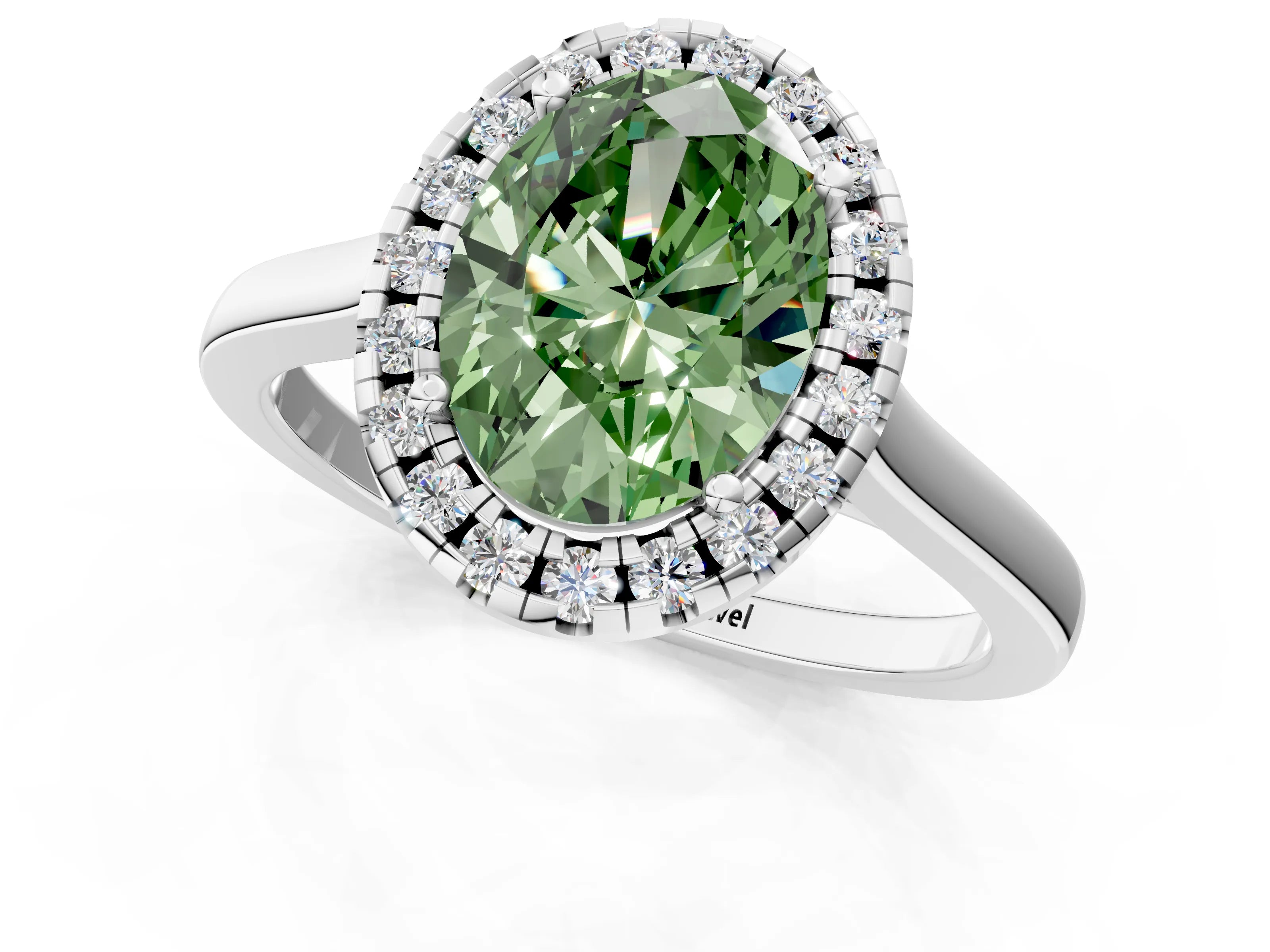 White gold Fancy Green Oval Cut Halo Round Diamond Solitaire Ring with Pavé Band and Four-Prong Setting_1