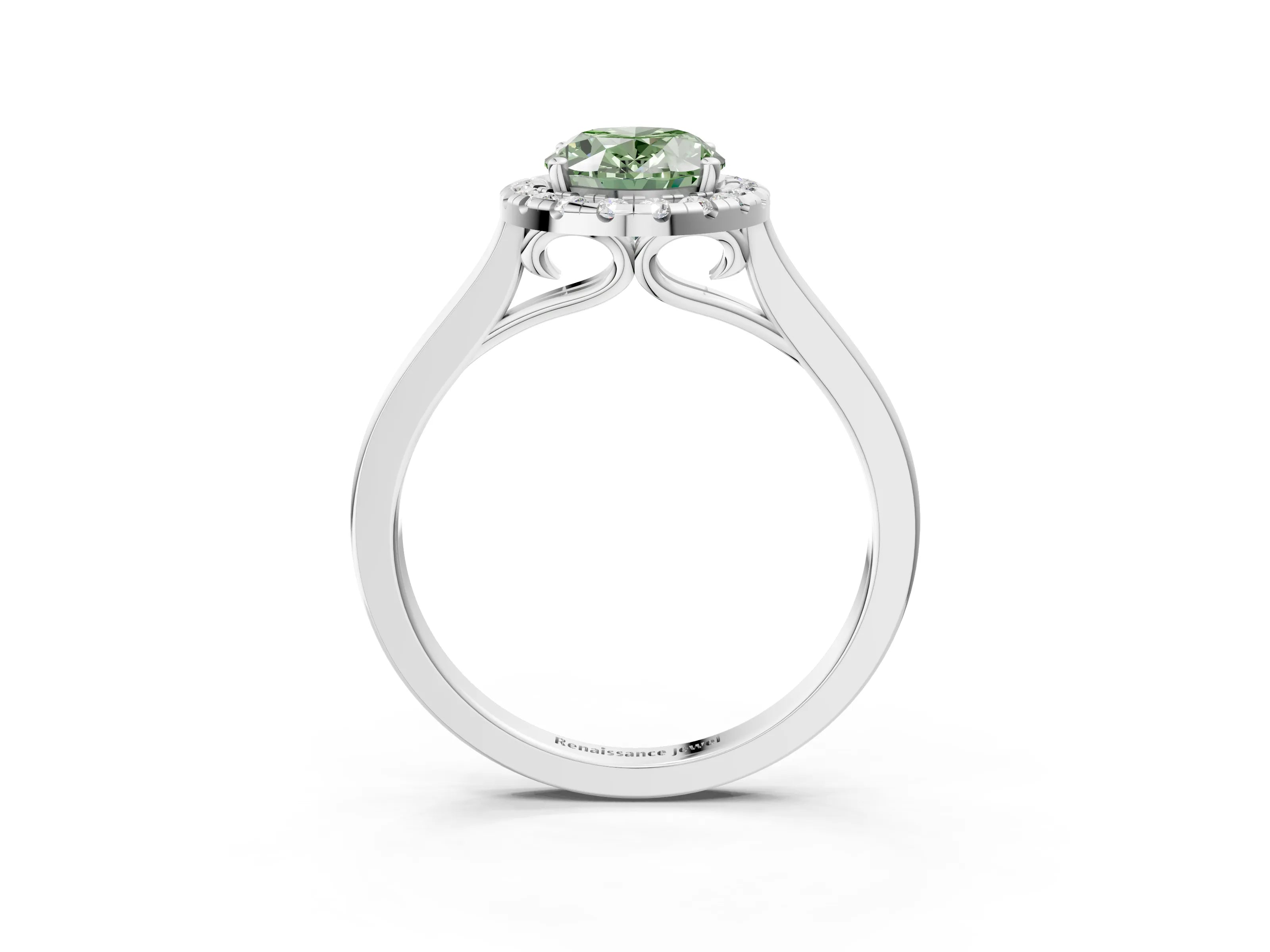 White gold Fancy Green Oval Cut Halo Round Diamond Solitaire Ring with Pavé Band and Four-Prong Setting_3