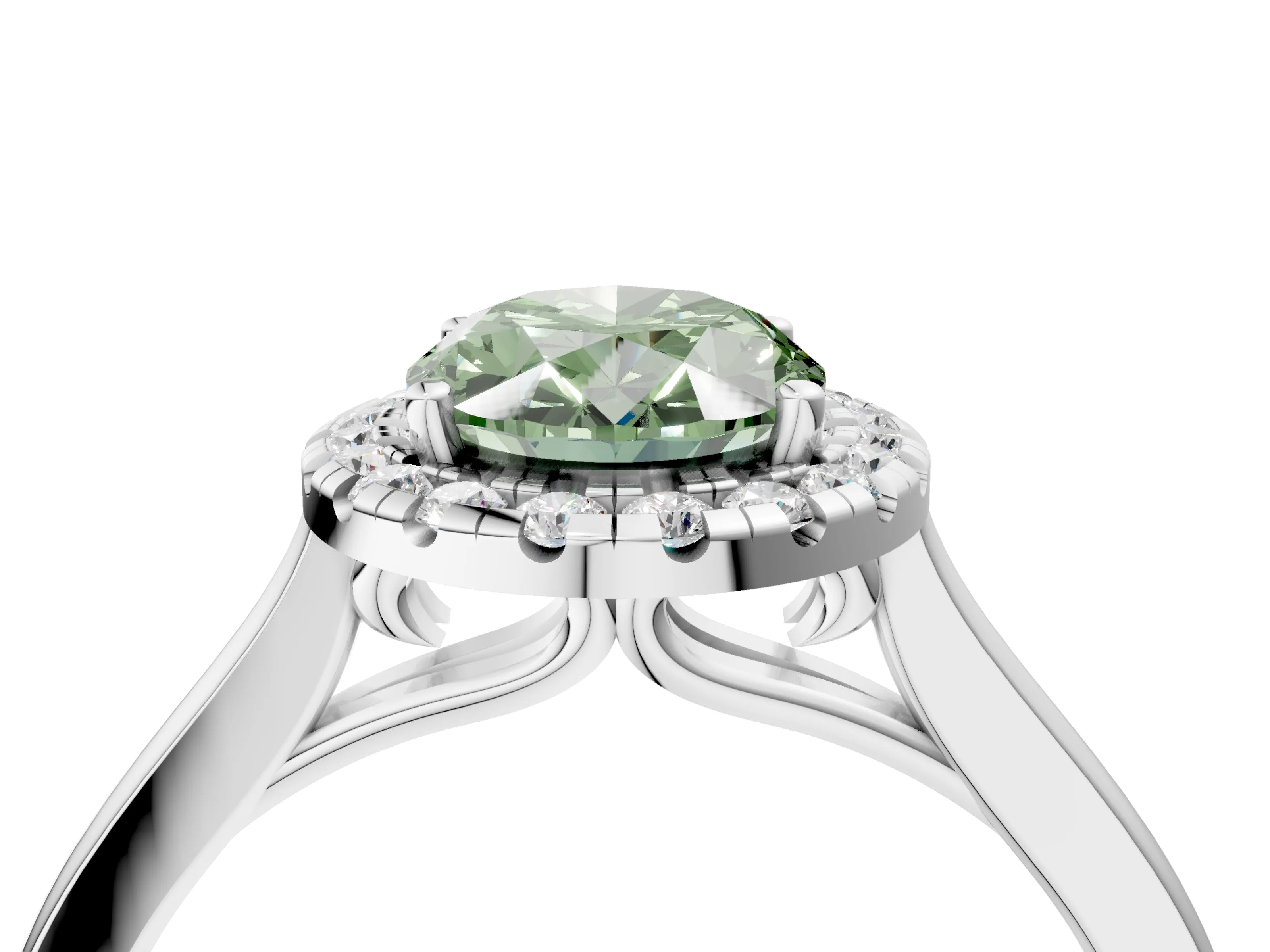 White gold Fancy Green Oval Cut Halo Round Diamond Solitaire Ring with Pavé Band and Four-Prong Setting_4