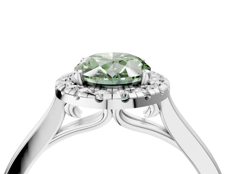 White gold Fancy Green Oval Cut Halo Round Diamond Solitaire Ring with Pavé Band and Four-Prong Setting_4