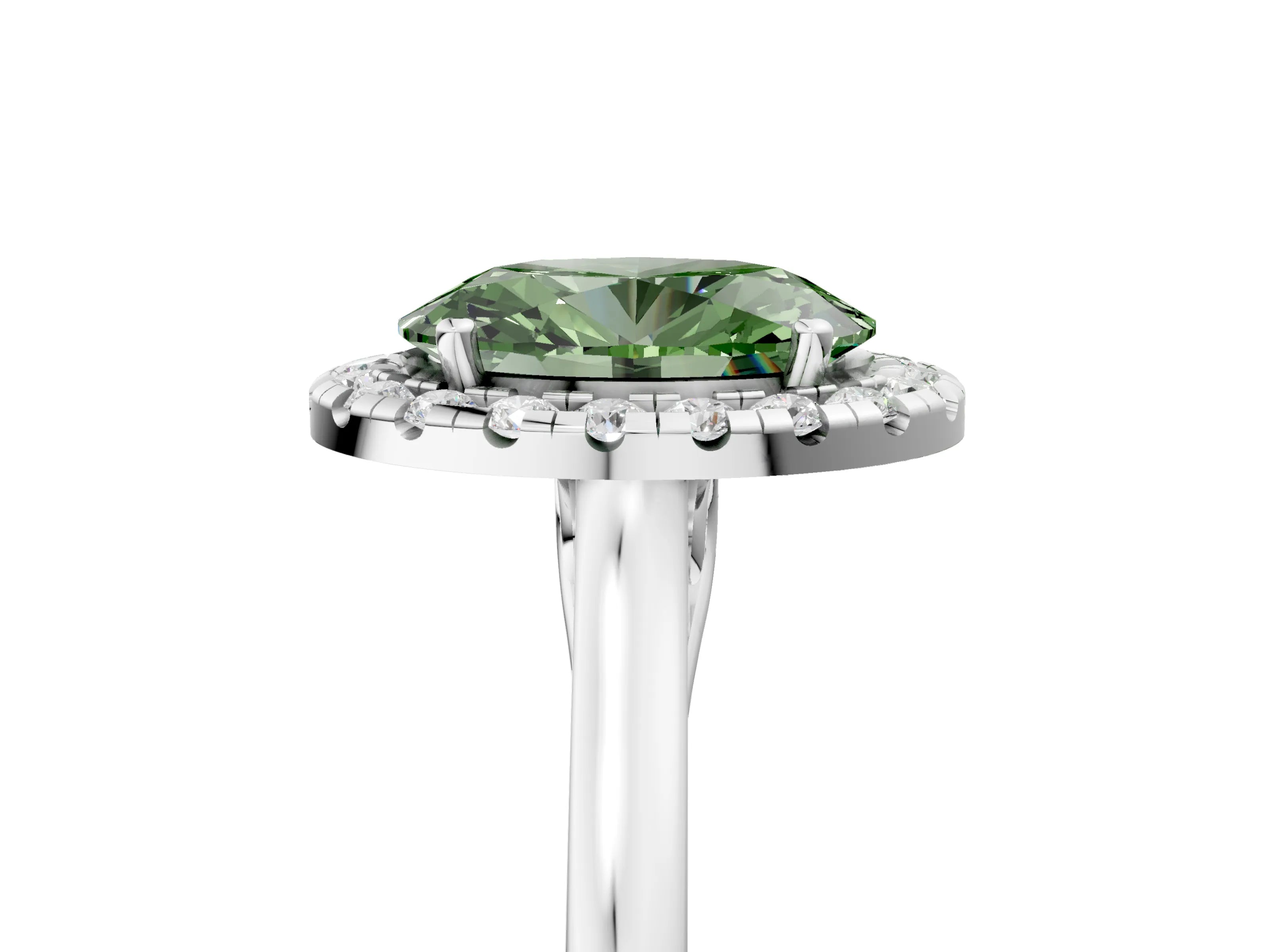White gold Fancy Green Oval Cut Halo Round Diamond Solitaire Ring with Pavé Band and Four-Prong Setting_5