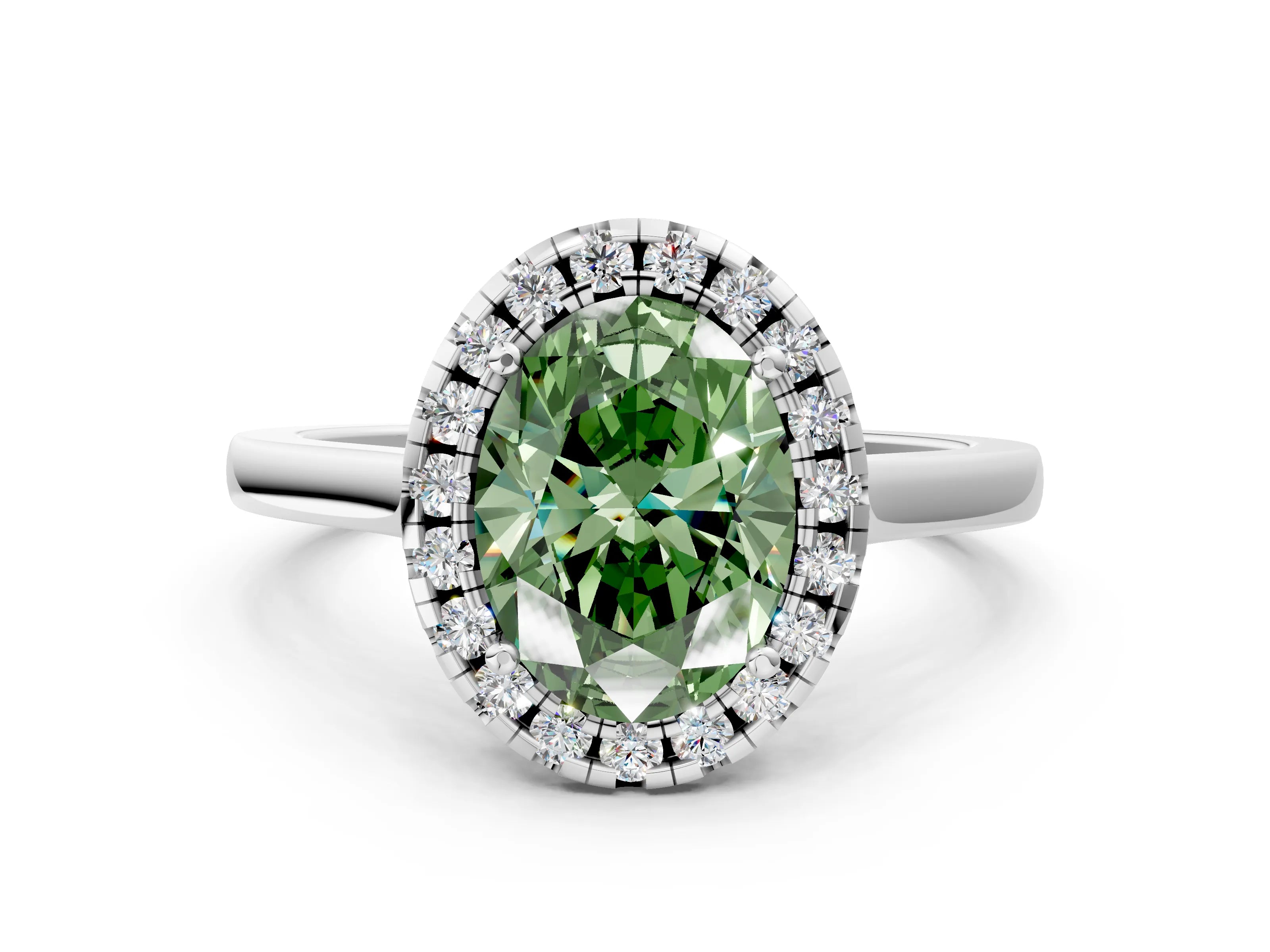White gold Fancy Green Oval Cut Halo Round Diamond Solitaire Ring with Pavé Band and Four-Prong Setting