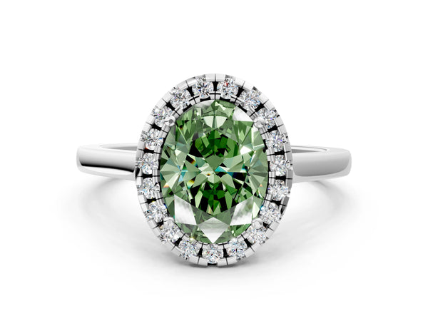 White gold Fancy Green Oval Cut Halo Round Diamond Solitaire Ring with Pavé Band and Four-Prong Setting