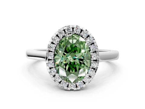 White gold Fancy Green Oval Cut Halo Round Diamond Solitaire Ring with Pavé Band and Four-Prong Setting
