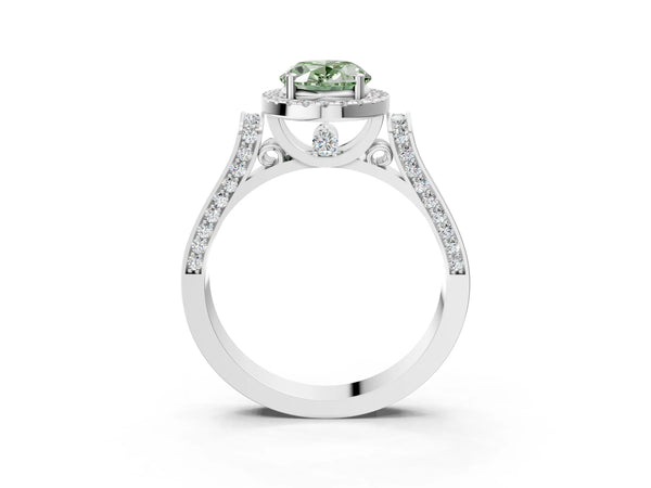 White gold Fancy Green Oval Cut Halo Round Diamond Twist Band with Four-Prong Setting
