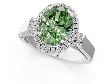 White gold Fancy Green Oval Cut Halo Round Diamond Twist Band with Four-Prong Setting_25