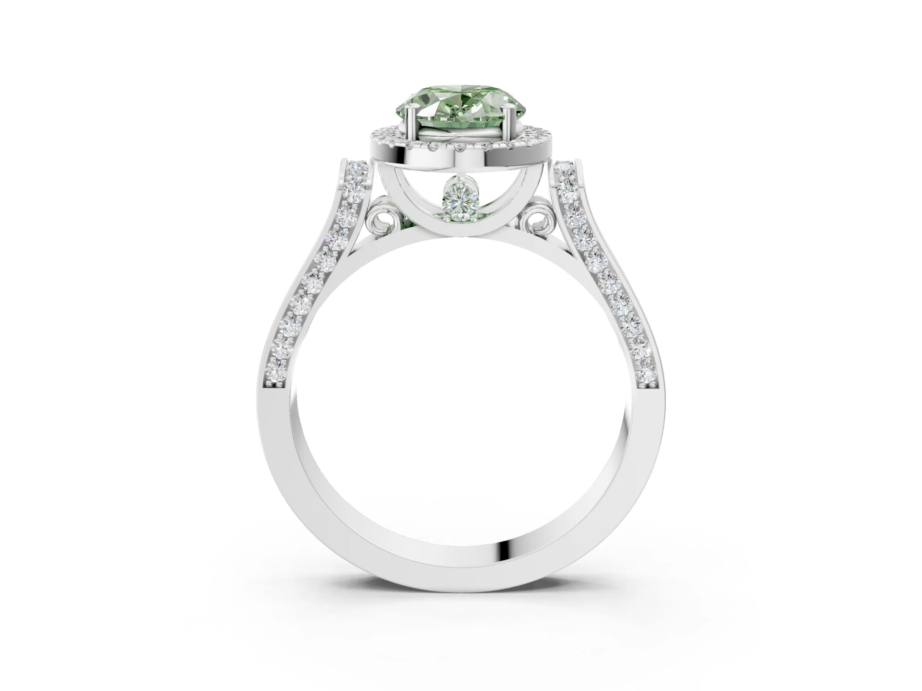 White gold Fancy Green Oval Cut Halo Round Diamond Twist Band with Four-Prong Setting_27