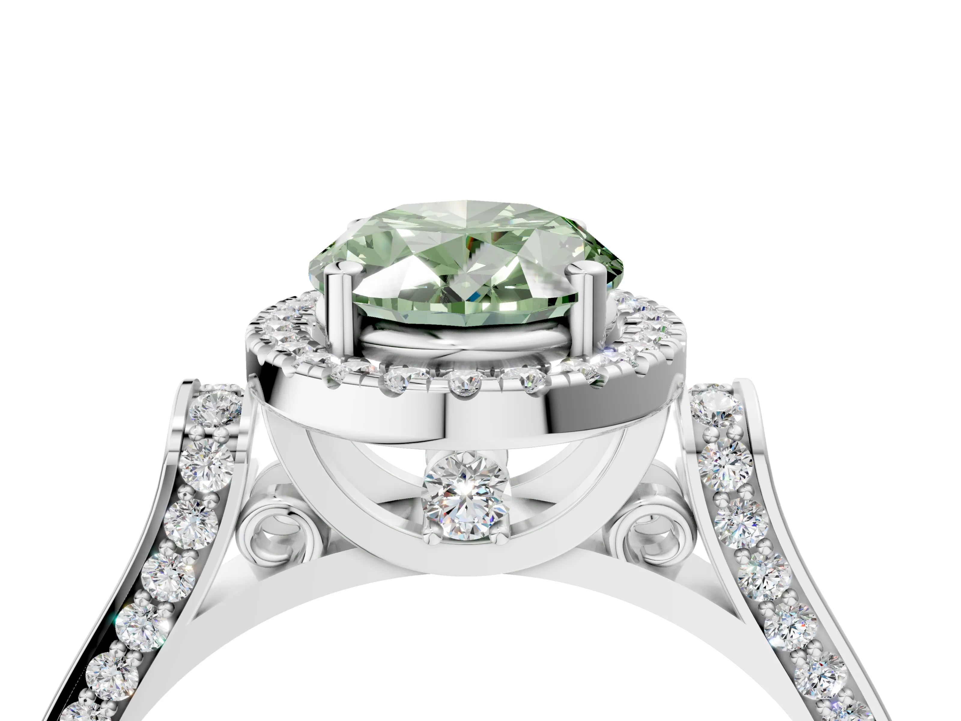 White gold Fancy Green Oval Cut Halo Round Diamond Twist Band with Four-Prong Setting_28