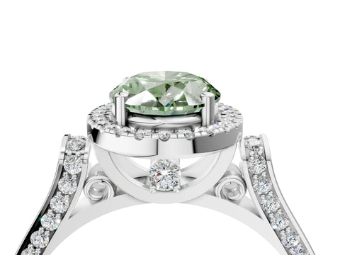 White gold Fancy Green Oval Cut Halo Round Diamond Twist Band with Four-Prong Setting_28