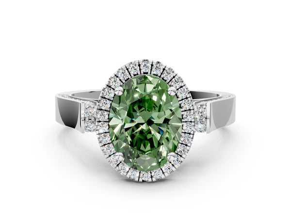 White gold Fancy Green Oval Cut Halo Round Diamond Twist Band with Four-Prong Setting