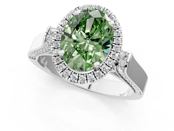 White gold Fancy Green Oval Cut Halo Round Diamond Twist Band with Four-Prong Setting