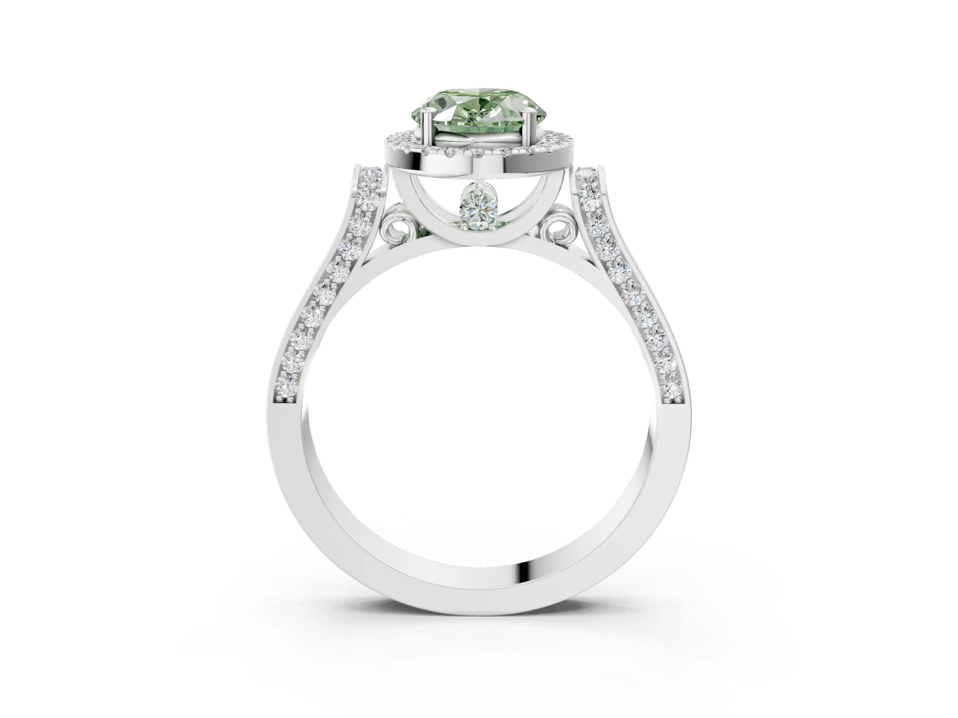 White gold Fancy Green Oval Cut Halo Round Diamond Twist Band with Four-Prong Setting_33