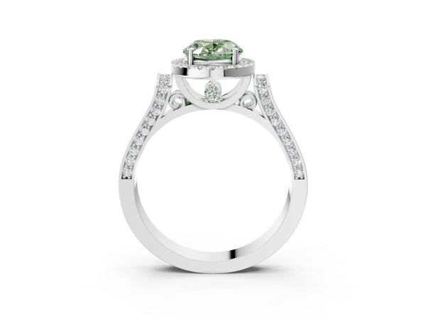 White gold Fancy Green Oval Cut Halo Round Diamond Twist Band with Four-Prong Setting