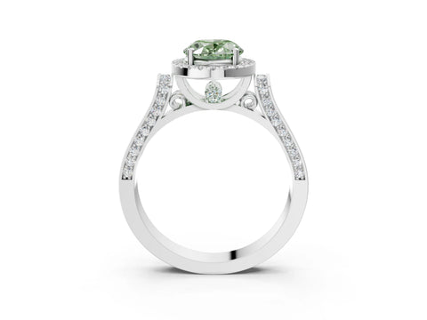 White gold Fancy Green Oval Cut Halo Round Diamond Twist Band with Four-Prong Setting_33