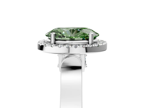 White gold Fancy Green Oval Cut Halo Round Diamond Twist Band with Four-Prong Setting_35