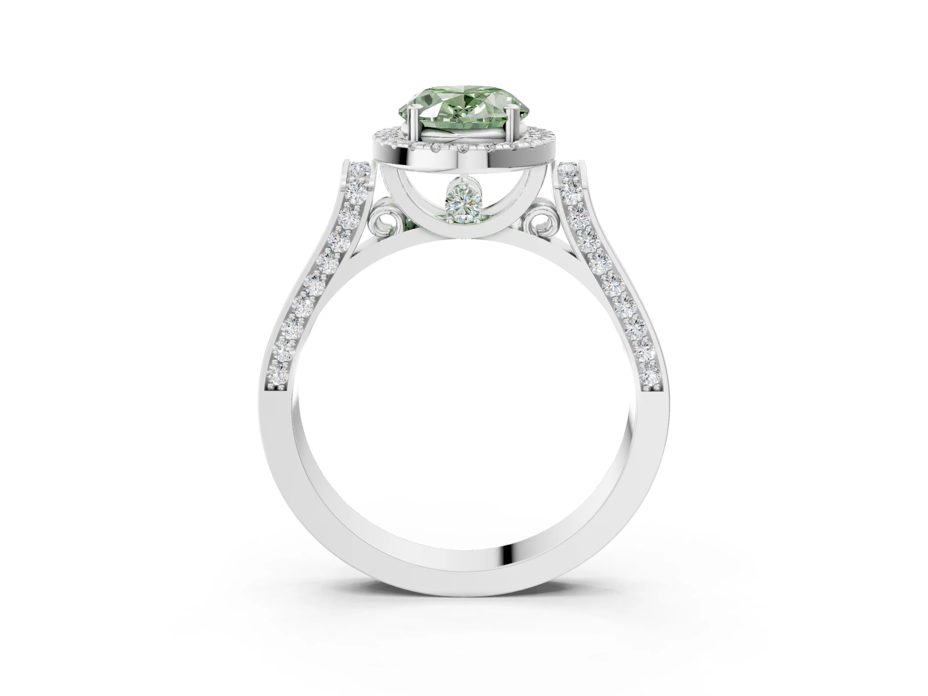 White gold Fancy Green Oval Cut Halo Round Diamond Twist Band with Four-Prong Setting_3