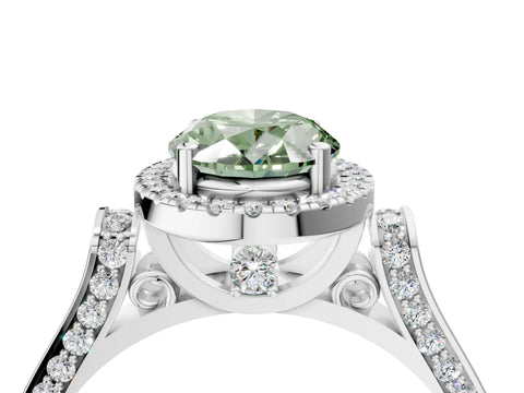 White gold Fancy Green Oval Cut Halo Round Diamond Twist Band with Four-Prong Setting_4