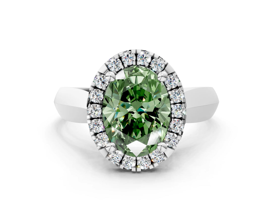 White gold Fancy Green Oval  Cut Halo Solitaire Engagement Ring with Square Band and Four-Prong Setting_120