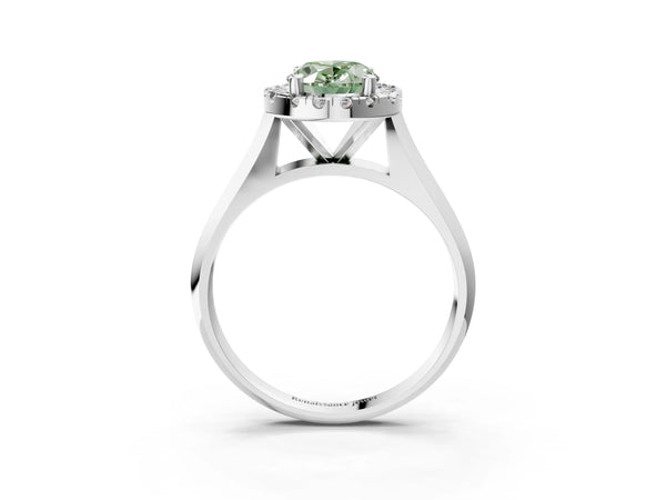 Platinum Fancy Green Oval  Cut Halo Solitaire Engagement Ring with Square Band and Four-Prong Setting