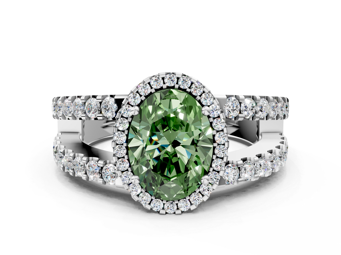 White gold Fancy Green Oval  Cut Halo Split Shank Diamond Ring with Four-Prong Setting_45