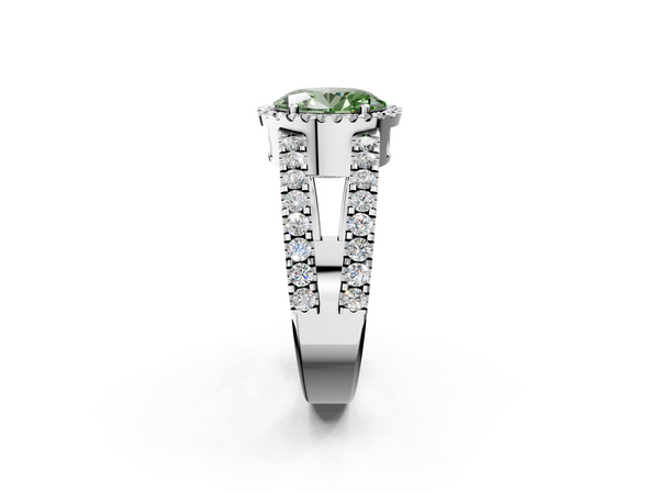 White gold Fancy Green Oval  Cut Halo Split Shank Diamond Ring with Four-Prong Setting