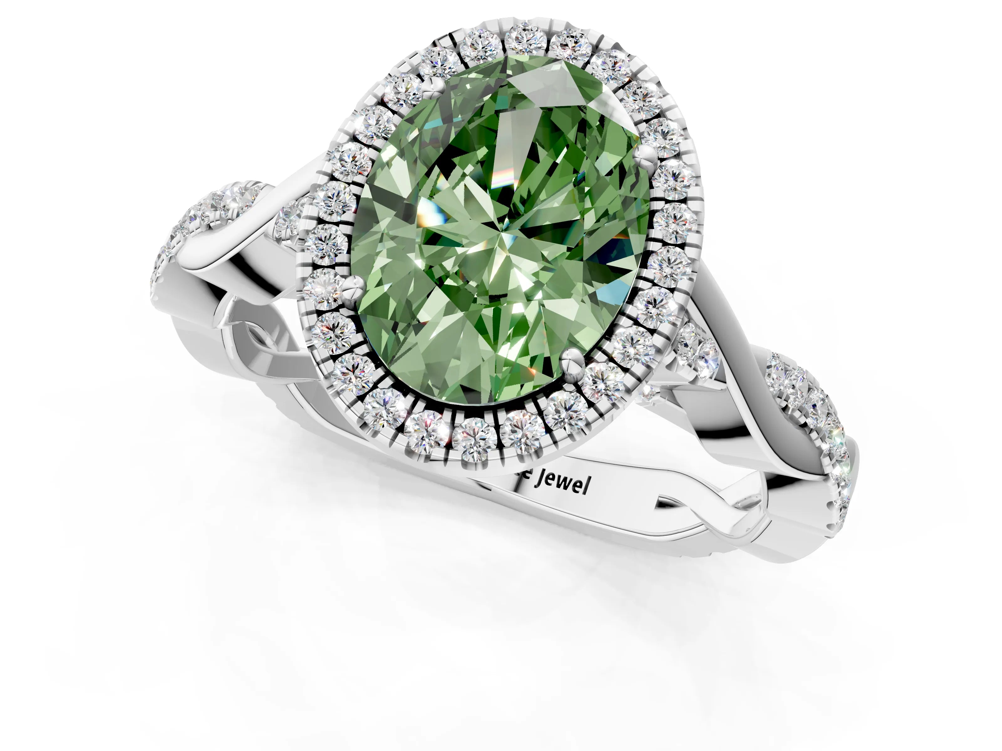 White gold Fancy Green Oval Cut Halo Twist Band with Four-Prong Setting_1