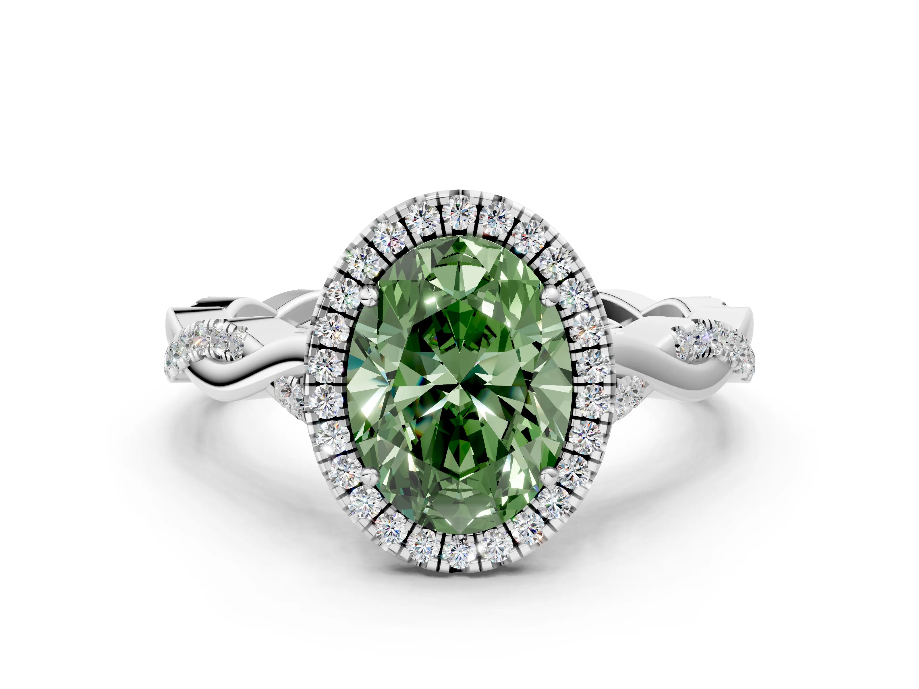 White gold Fancy Green Oval Cut Halo Twist Band with Four-Prong Setting_72