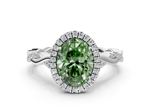 White gold Fancy Green Oval Cut Halo Twist Band with Four-Prong Setting_72