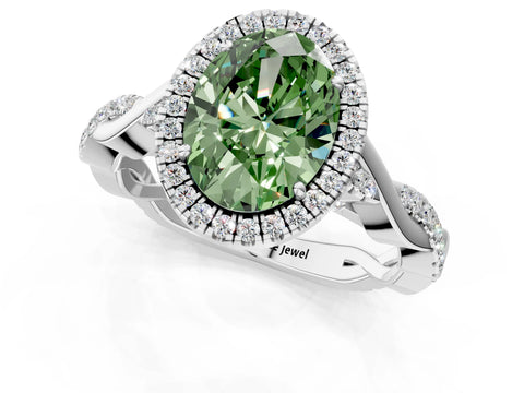 White gold Fancy Green Oval Cut Halo Twist Band with Four-Prong Setting_73
