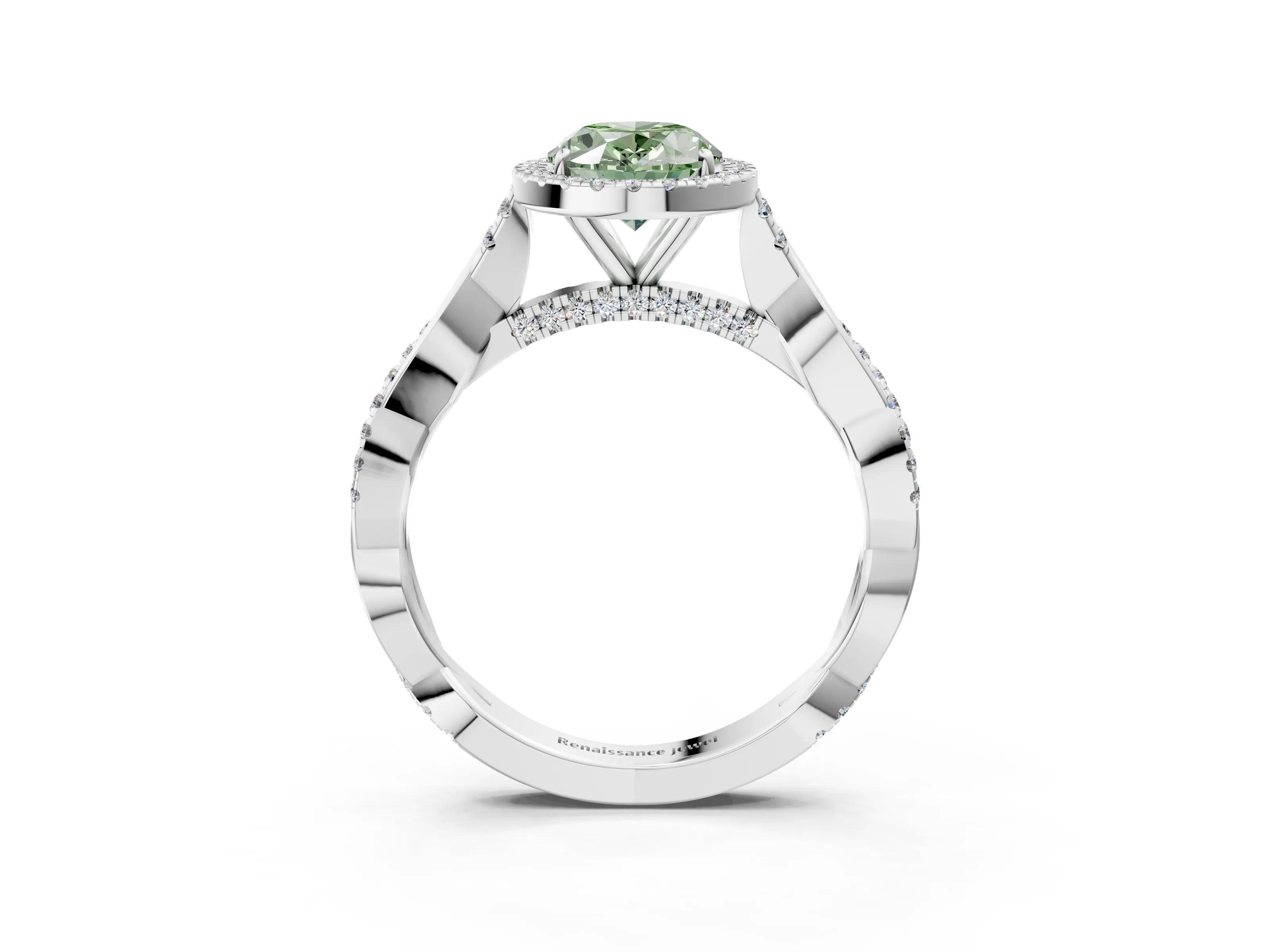 White gold Fancy Green Oval Cut Halo Twist Band with Four-Prong Setting_75