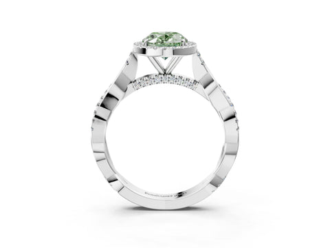 White gold Fancy Green Oval Cut Halo Twist Band with Four-Prong Setting_75