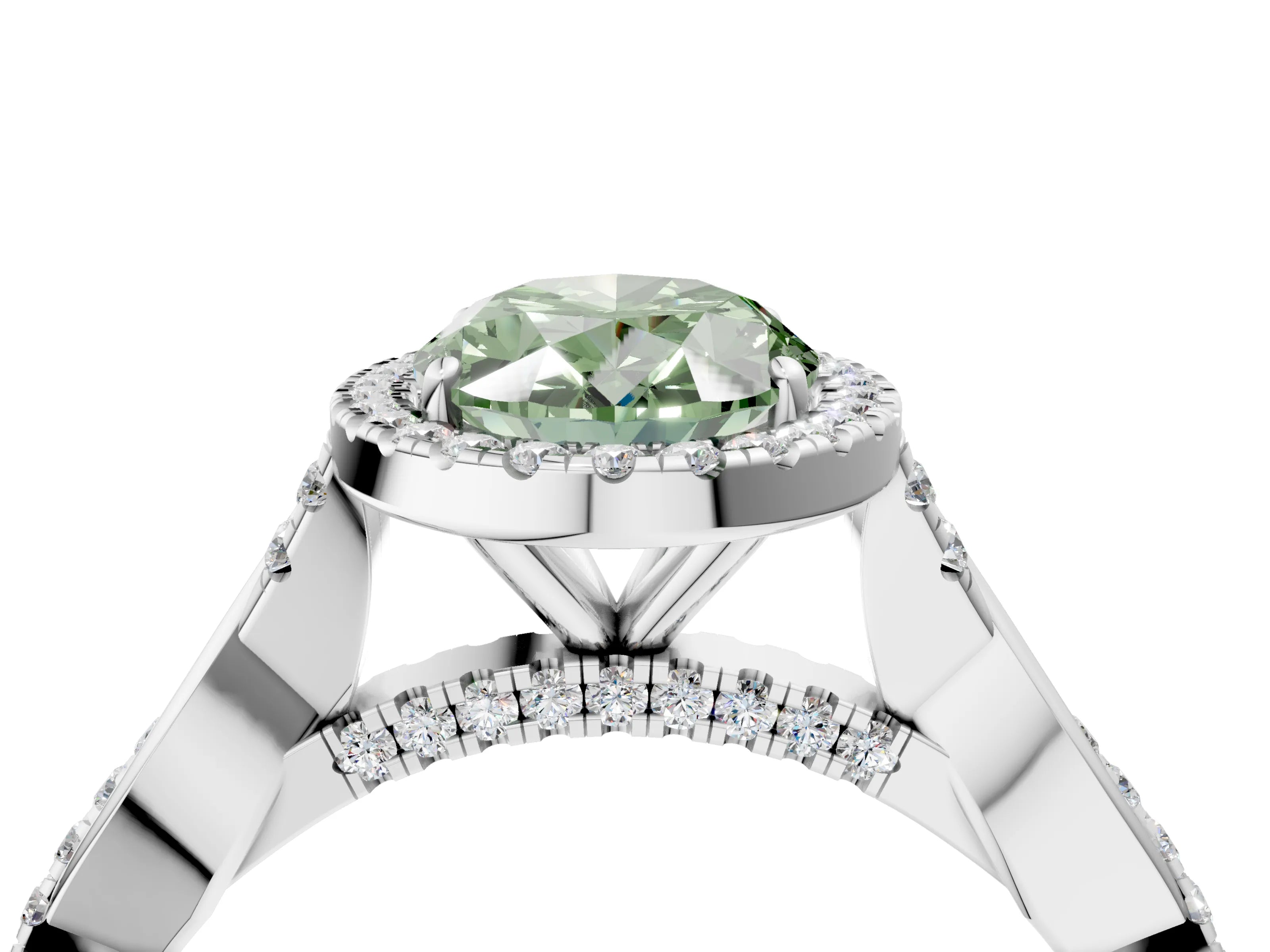White gold Fancy Green Oval Cut Halo Twist Band with Four-Prong Setting_76