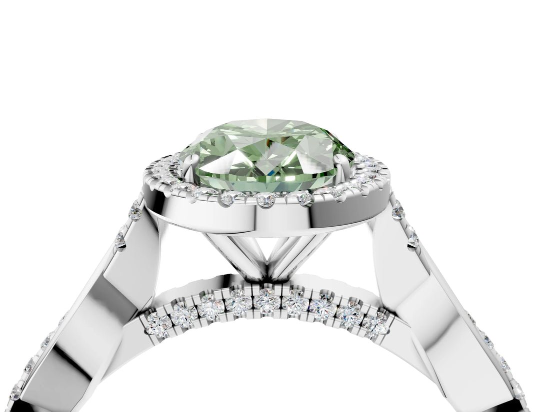 White gold Fancy Green Oval Cut Halo Twist Band with Four-Prong Setting_76